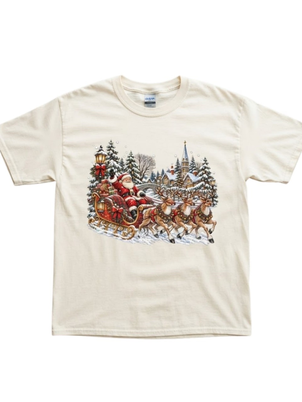 Gildan Cream Christmas Tee with Santa Sleigh snowy holiday